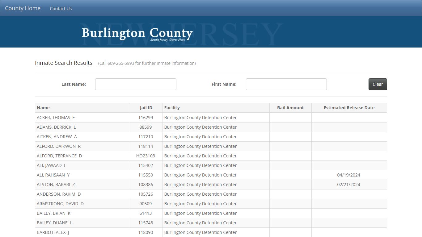 Inmate Search Results - County of Burlington